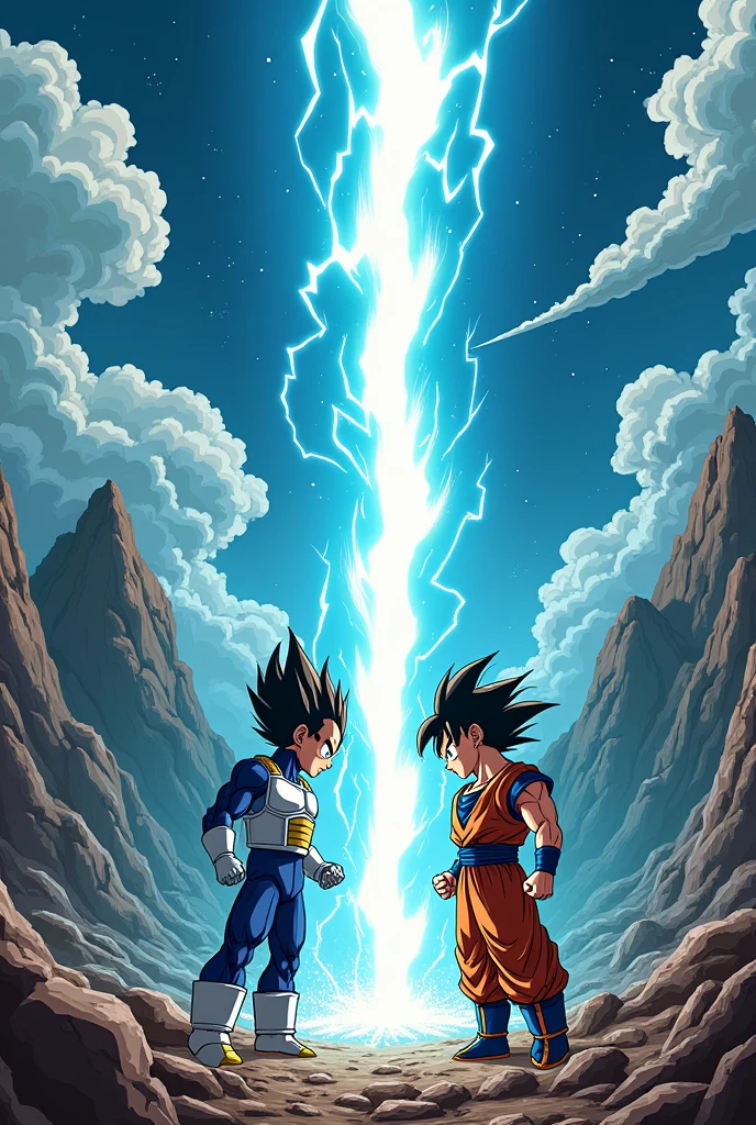 Goku is shooting lasers from his eyes at Vegeta.