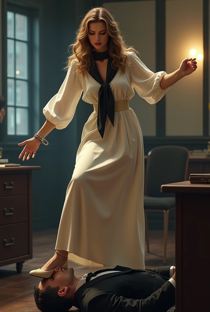 Beautiful Mistress,light brown wavy hairs, wearing cream blouse, wearing black scarf, wearing long cream skirt,wearing long black socks,wearing cream d'orsay flats ,mistress shouting on man,man wearing suit, trampling man's face, man's face trampled by mistress foot , mistress puts her foot on man's face,man under mistress foot, man's face trampled by mistress foot, man lying down under mistress, man are handcuffed, surrendering against mistress, mistress victory posing on man, foot on face, femdom,office , night