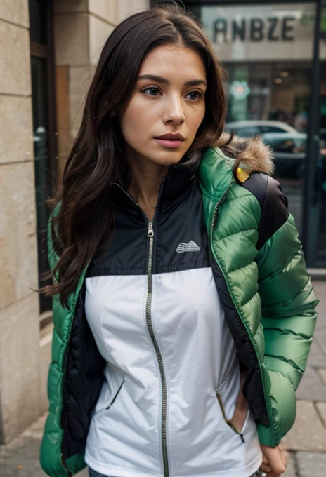 woman ,green down puffer jacket zip closed