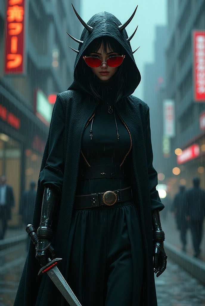 robotic girl using assasin cloth walking in the middle of the rainy night with red sunglasses and Thorn on her head holding sharp knife in her right hand