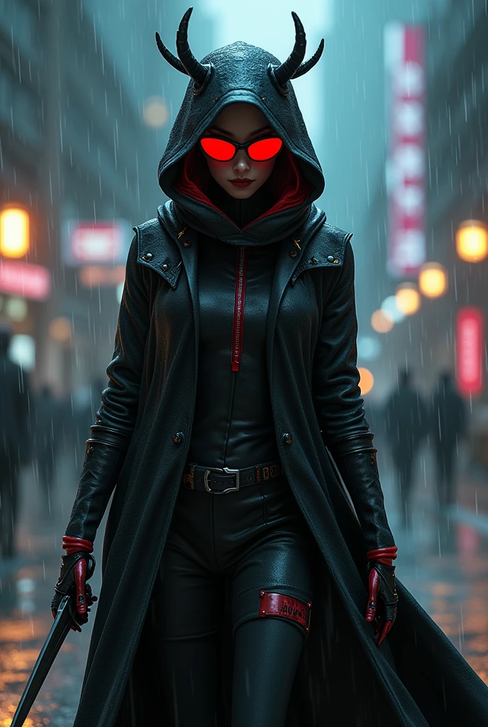 robotic girl using assasin cloth walking in the middle of the rainy night with red sunglasses and Thorn on her head holding sharp knife in her right hand