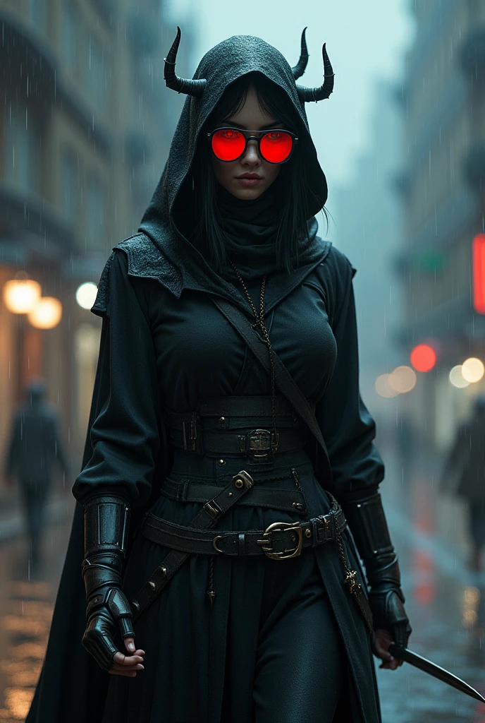 robotic girl using assasin cloth walking in the middle of the rainy night with red sunglasses and Thorn on her head holding sharp knife in her right hand