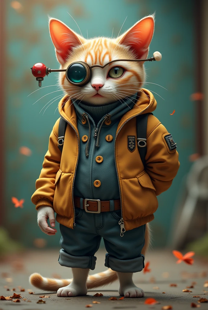 Ugly faced cat、One ear broken、Stand on two legs、Wear casual clothes、Dragon Ball scouter attached to eye