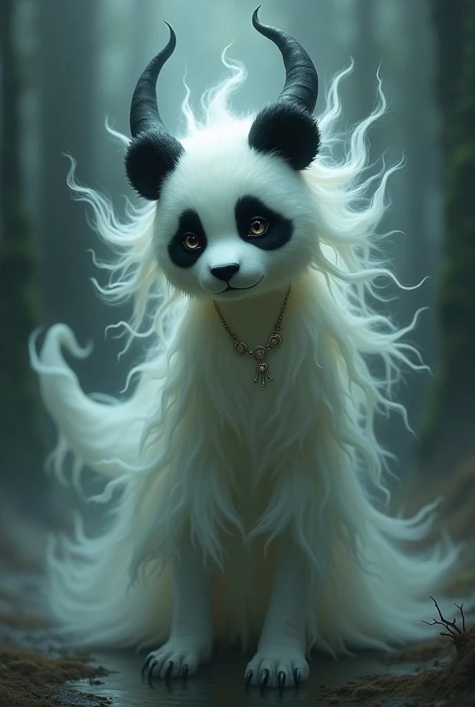panda head only, ghost body. horn on the forehead, tentacles on the back, Necklace on the neck