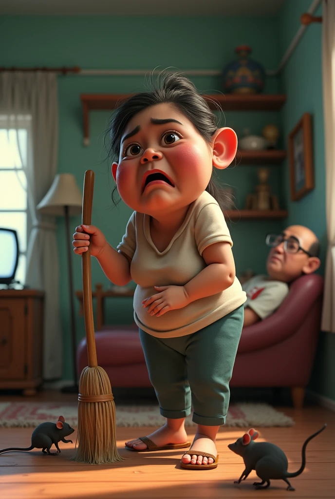60 years old Indonesian lady holding a broom stick, sweeping the floor. The lady a little bit fat, dark pale skin. Several mices running around, The lady look upset and terrified. Her husband is nearby look relax watching TV. Detailed 3D caricature.