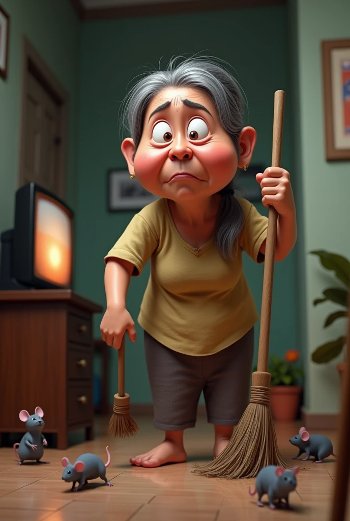 60 years old Indonesian lady holding a broom stick, sweeping the floor. The lady a little bit fat, dark skin. Several mices running around, The lady look upset and terrified. Her husband is nearby look relax watching TV. Detailed 3D caricature.