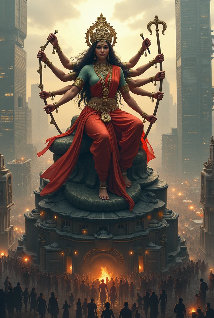 Indian God Durga sitting on the head of a city, Durga with both her feet on the left side of the city.