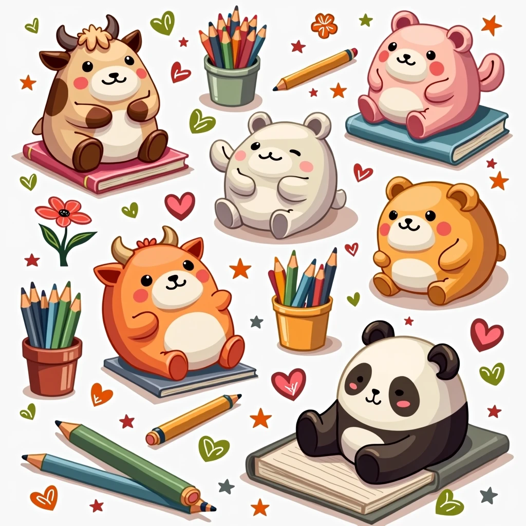 Make a beautiful spectacular illustration in 4k The illustration should feature stationery objects (as colored pencils, pens, notebooks) and two cartoon-style Squishmallows.
The first Squishmallow is a cute happy cow, with vibrant colors and details reminiscent of a teddy bear, with a rounded and cozy shape.
The second Squishmallow is a panda bear, also with a plush appearance and with cute and delicate features.
Both Squishmallows are in different situations/places that suggest a school fun vibe.
Art must have an organic distribution, suitable for shirt printing, avoiding rigid rectangular shapes.
Below this scene, inclua o texto “Paint your world with joy,” styled in a fun and colorful way, with the font color transitioning from pink at the top to yellow at the bottom, imitating a sunset.
The overall art should evoke a sense of school nostalgia and the joy of drawing., reflecting the theme of a high school summer.