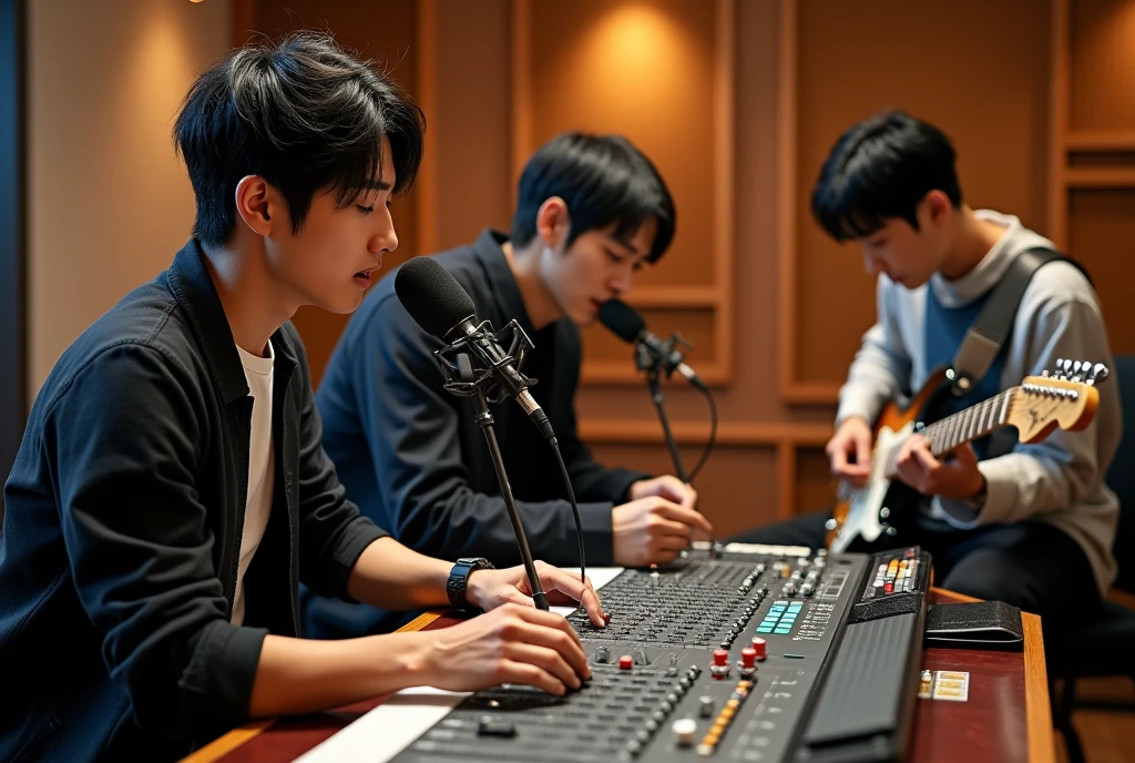 Three handsome Korean male band members are in a professional recording studio, each deeply focused on recording a song. The first member is standing in front of a microphone with headphones on, passionately singing into it. He has styled dark hair and is wearing a casual but stylish outfit. The second member, with a slightly wavy hairstyle, is seated at a mixing console, adjusting the sound levels with a serious expression. The third member, with short, sleek hair, is playing an electric guitar while sitting on a stool, lost in the music. The studio has modern equipment, acoustic panels, and warm lighting that creates an intimate atmosphere, highlighting the creative energy of the session.