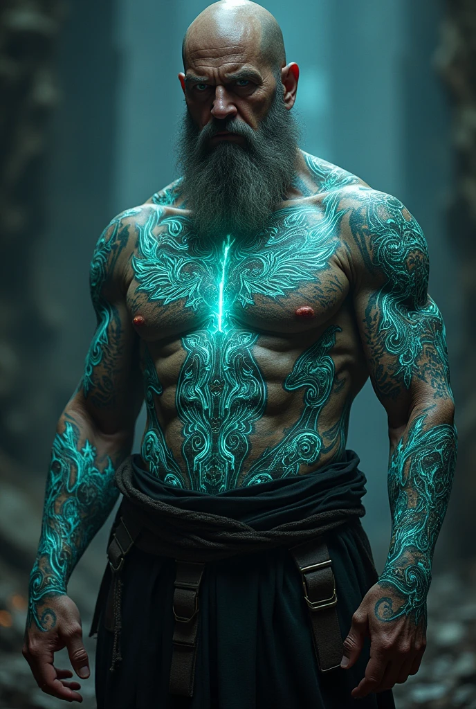 Create a human wizard who has glowing tattoos on his body