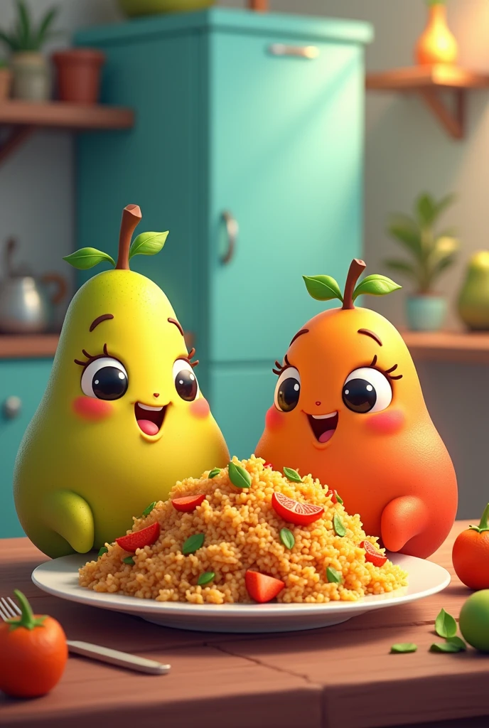 Cute pear and guava eating chicken biryani
