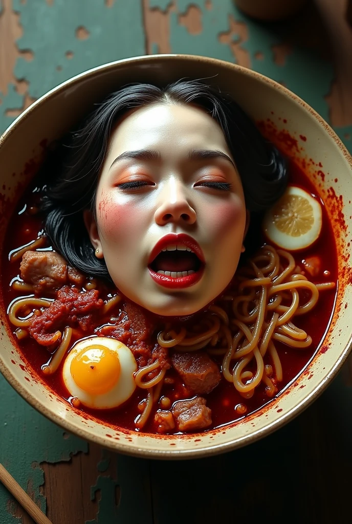 Masterpeace, hyperrealustic, decapitated female head on a bowl, Asian face, covered with noodkes and meat, like soup, ((eyes closed)), served like a food dish, bloody, photorealistic, 4K, Nikon, horror, ahegao face, with top shooting angle, very realistic, (complex detail: 0.9), (hdr, hyperdetail: 1.2), RAW, Sony Alpha a9 II, 24-105mm f/4, HDR,