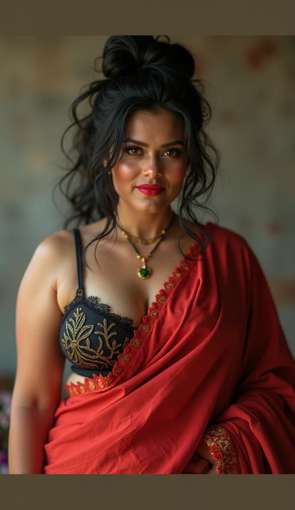 8K Ultra HD, masutepiece, Best quality, beautiful Girl, wolf cut hairstyles, Impressive hairstyle, Royal hair accessories, hot indian wife, face perfect, Jewelry earrings, The attention to detail, Beautiful eyes, meticulous makeup, Thin eyebrows, fake red lips, white wall in background, Black tights, , Purple ponytail,with long bangs, Realistic colors, Magic effects, , head straight-looking at viewer, standing on your feet, Full body capture,nakeness,long leges,Big breasts Thin waist,Bigchest,Bare genitalia,Bare breasts,Erotic exposure bikini,