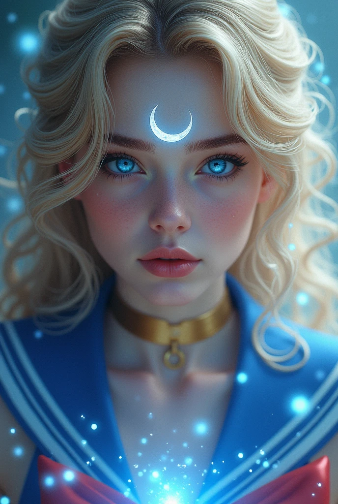 (haute résolution, chef-d'œuvre : 1,2), (réaliste : 1,37), (meilleure qualité, haute résolution, ultra-détaillée, réaliste), fantaisie sailor Moon humaine et son croissant de lune sur le front . (Ses yeux radieux : 1,6), hypnotiques et perçants, capturent l'essence d'une reine bienveillante. Les détails de son visage, méticuleusement travaillés, L'atmosphère qui l'entoure est remplie d'une aura d'un autre monde, baignée d'un mélange de lumière. Elle a ses cheveux blonds et son regard bleu.