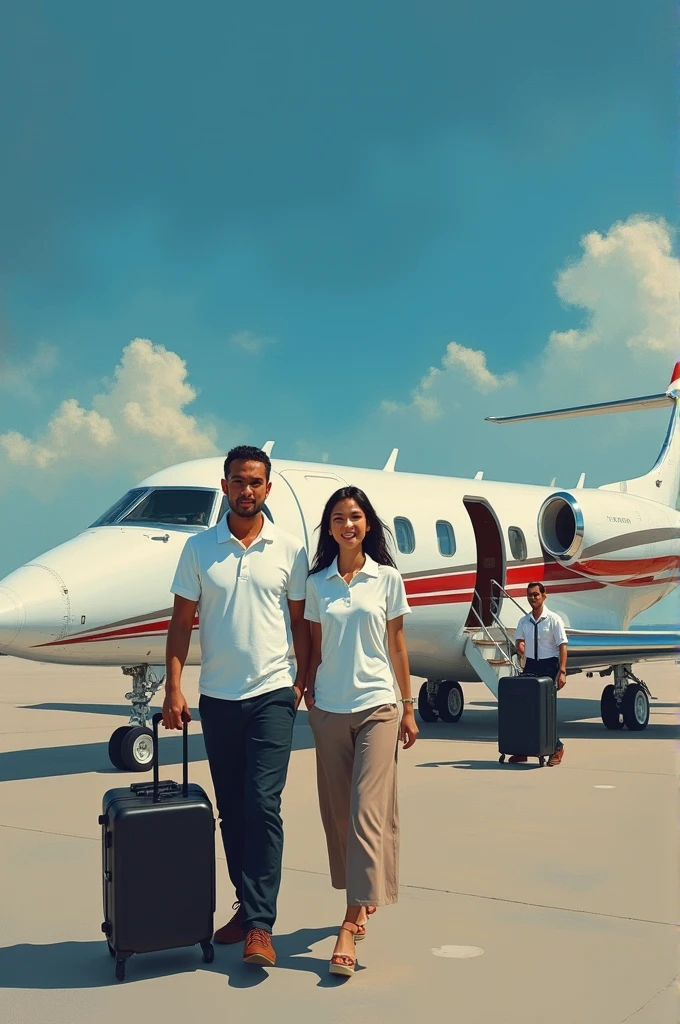 A handsome young man with a Javanese Indonesian face, a little fat in a white polo t-shirt and a beautiful Indonesian woman in a white polo t-shirt, walked towards a white private jet with red stripes parked on the runway. followed by two assistants carrying suitcases, against a blue sky in the style of an oil painting