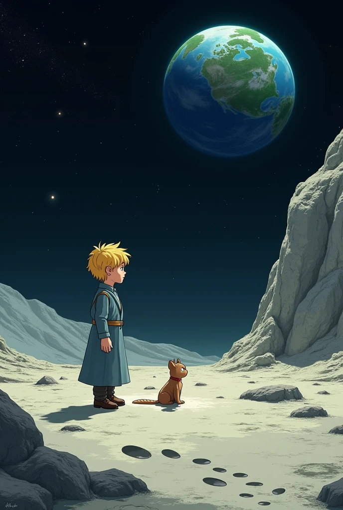 Make me a new cover of the little prince but he should be on the moon