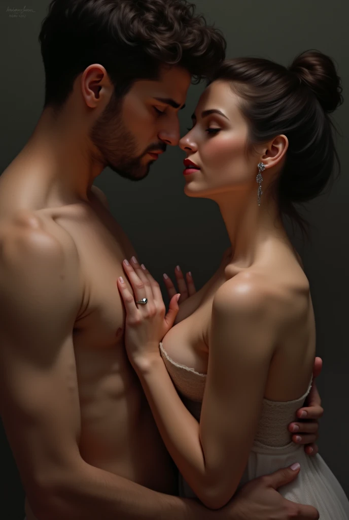 A picture of a woman reaching out her left breast and touching it with the man's right hand, with the woman mostly visible in the picture.