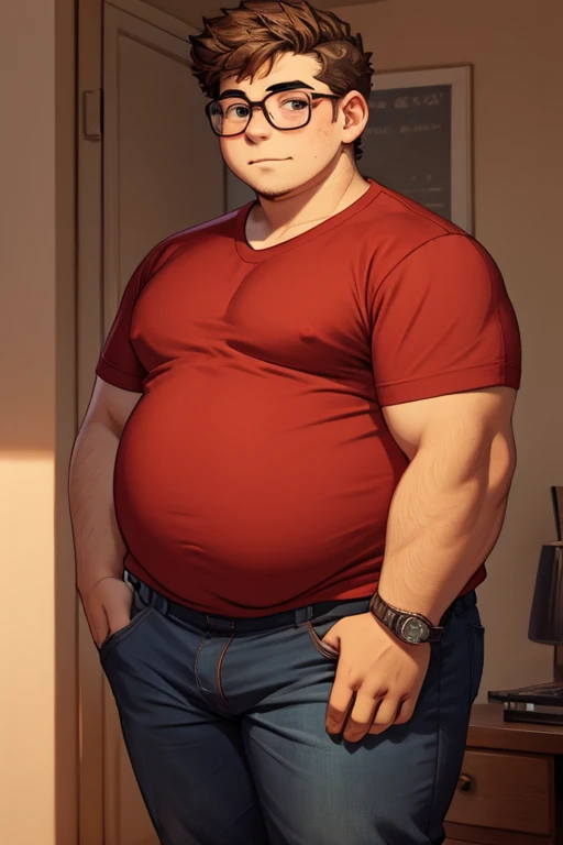 Chubby teen Boy, 18 yo, red shirt, wearing glasses 