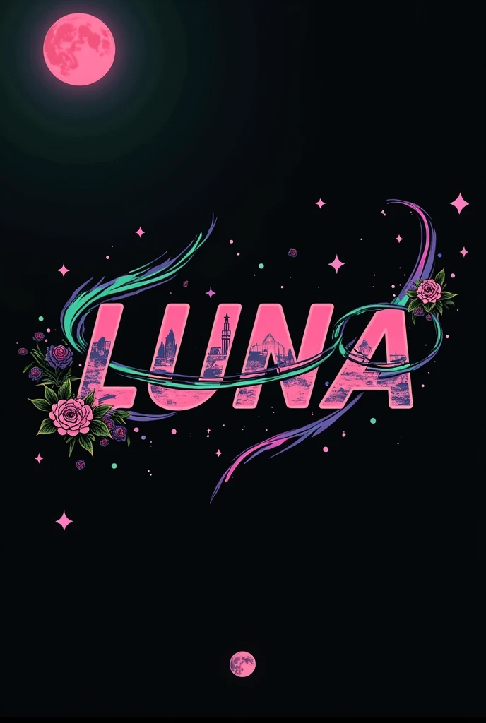 High resolution, logo spelling swiftly “Luna” cool, Jdm theme, anime theme, Cyberpunk vibe name spelling, brand logo, logo for tshirt, brand logo “LUNA”, neon vibes, acid trip vibes, acid trip, shooting stars, acid trip inside “LUNA”, acid trip, hallucinations inside “LUNA”, Waves of hallucinations, purple, techno hallucinations inside “LUNA”, Acid trip hallucinations inside “LUNA” , Waves of hallucinations inside “LUNA, splash, black roses with green leaves, blood moon, horror, ice, 