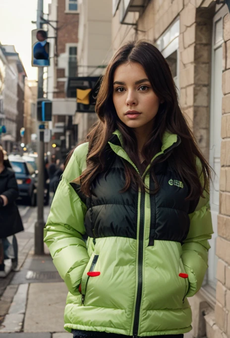 woman, 2 green down puffer jacket zipper closed