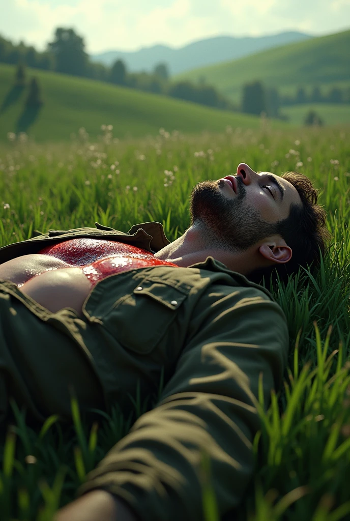 A view of upward of an wounded bloody soldier lying on grass. He's shot in his chest and his eyes are shut
The atmosphere around him is pleasant and beautiful