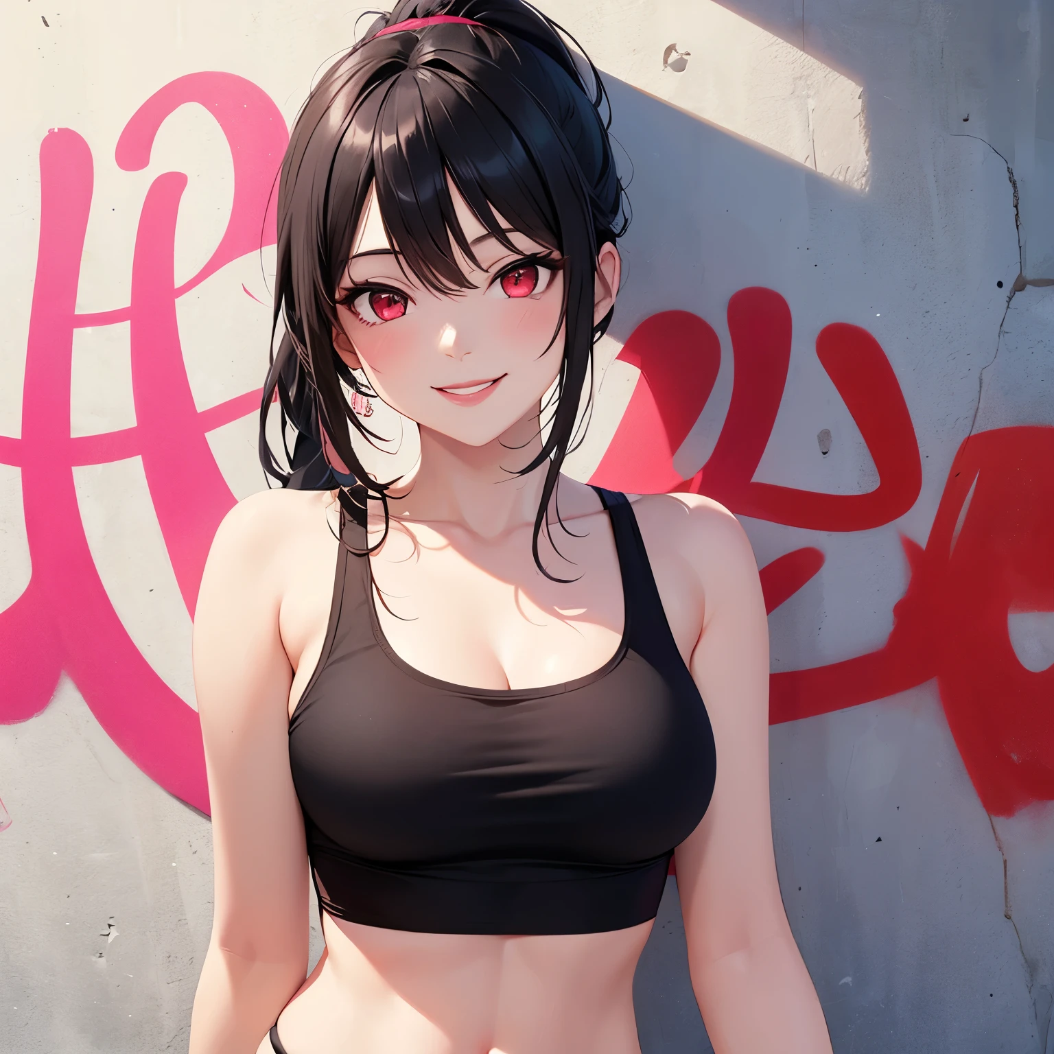 masterpiece, best quality, 1girl, red eyes, black hair, pink lips, white skin, smiling, upper body, croptop, ponytail, breasts, smile, behind a wall with graffiti,