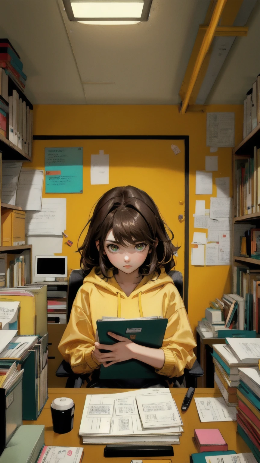 A cute anime girl with messy brown hair sits at a cluttered desk in a dimly lit, green-toned office space. She's wearing a yellow hoodie and looking intently at a computer screen. The workspace is chaotic, filled with papers, books, and various office supplies. Shelves above are crammed with folders and tech equipment. A prominent yellow banner hangs overhead with 'DYOR or Die' written in bold black letters. The art style is detailed and slightly gritty, reminiscent of a comic book. The atmosphere is tense and focused, emphasizing the pressure and importance of doing your own research in a tech-driven environment."
This prompt keeps the exact background, color scheme, and thematic elements of the original image, including the cluttered office setting and the 'DYOR or Die' message. It replaces the bearded man with a cute anime girl while maintaining the overall style and concept of the original image, including the intense focus and chaotic workspace.