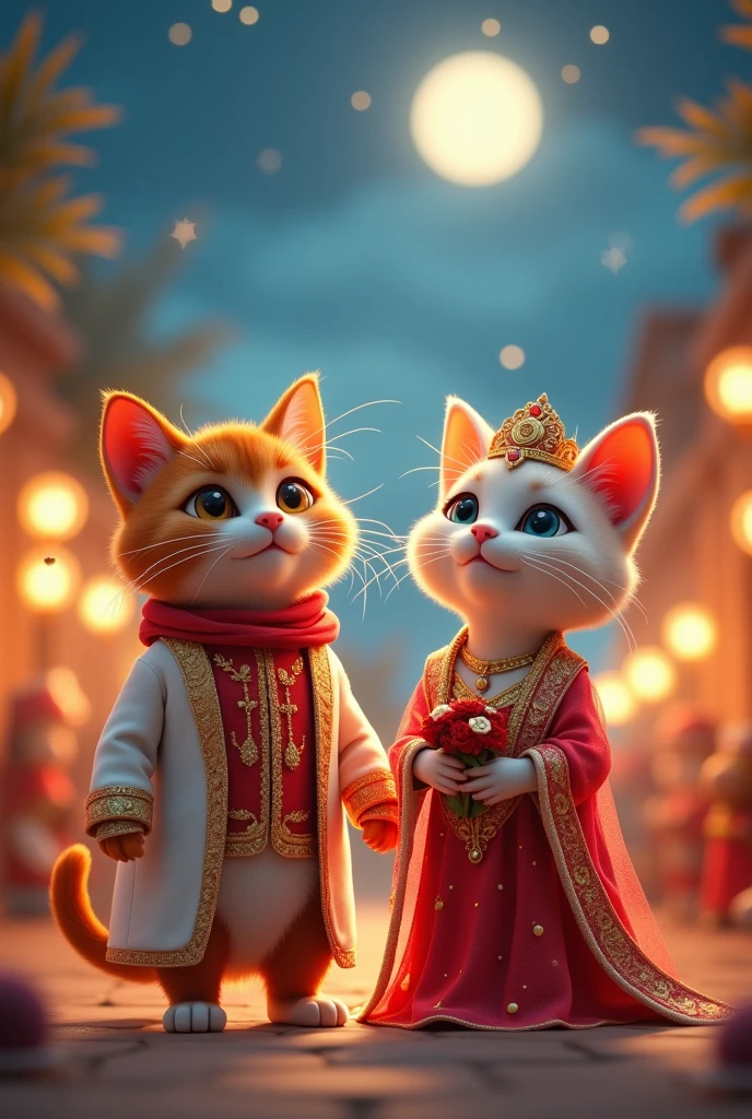 in cinematic 3d cartoon style" A whimsical cat wedding scene at a lively outdoor setting. The scene is illuminated by soft, glowing moonlight with twinkling stars in the night sky. At the center, the bride cat ("Rani") and groom cat ("Raja") are dressed in charming wedding attire."