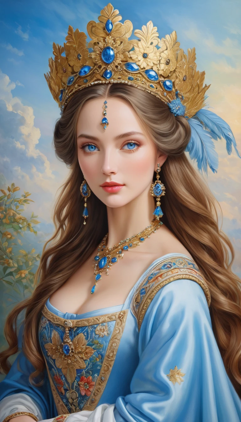 (High resolution,masterpiece:1.2),(Realistic:1.37)"(Highest quality, High resolution, Very detailed, Realistic),Portrait of a beautiful Ukrainian queen of the 16th century, (She is half Ukrainian and half Japanese., She is a beautiful woman with pale blue eyes and a high nose.:1.1), Elaborate costumes and crowns, Detailed facial features, Long and graceful neck, Flowing locks of hair, Calm and elegant posture, Soft and delicate lighting, Classical Oil Painting Medium, Vibrant colors, Delicate background with star motif", Dreamy atmosphere, Surrealism,Mysterious Aura