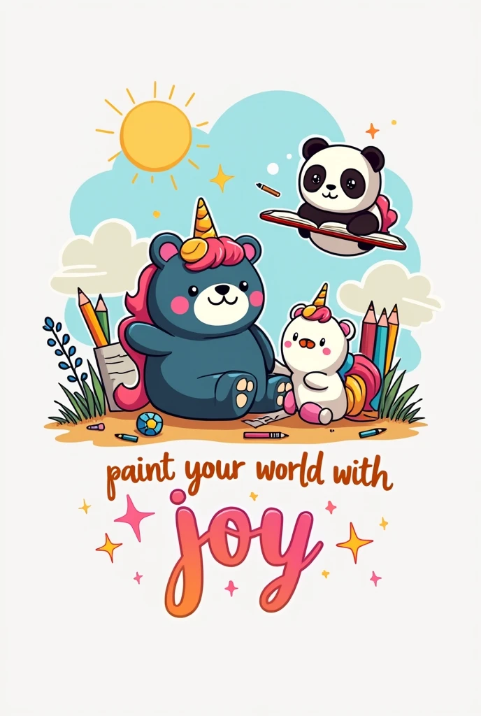 Make a beautiful spectacular illustration in 4k The illustration should feature stationery objects (as colored pencils, pens, notebooks) and two cartoon-style Squishmallows.
The first Squishmallow is a happy unicorn, with vibrant colors and details reminiscent of a teddy bear, with a rounded and cozy shape.
The second Squishmallow is a panda bear, also with a plush appearance and with cute and delicate features.
Both Squishmallows are in different situations/places that suggest a school fun vibe.
Art must have an organic distribution, suitable for shirt printing, avoiding rigid rectangular shapes.
Below this scene, inclua o texto “Paint your world with joy,” styled in a fun and colorful way, with the font color transitioning from pink at the top to yellow at the bottom, imitating a sunset.
The overall art should evoke a sense of school nostalgia and the joy of drawing., reflecting the theme of a high school summer.