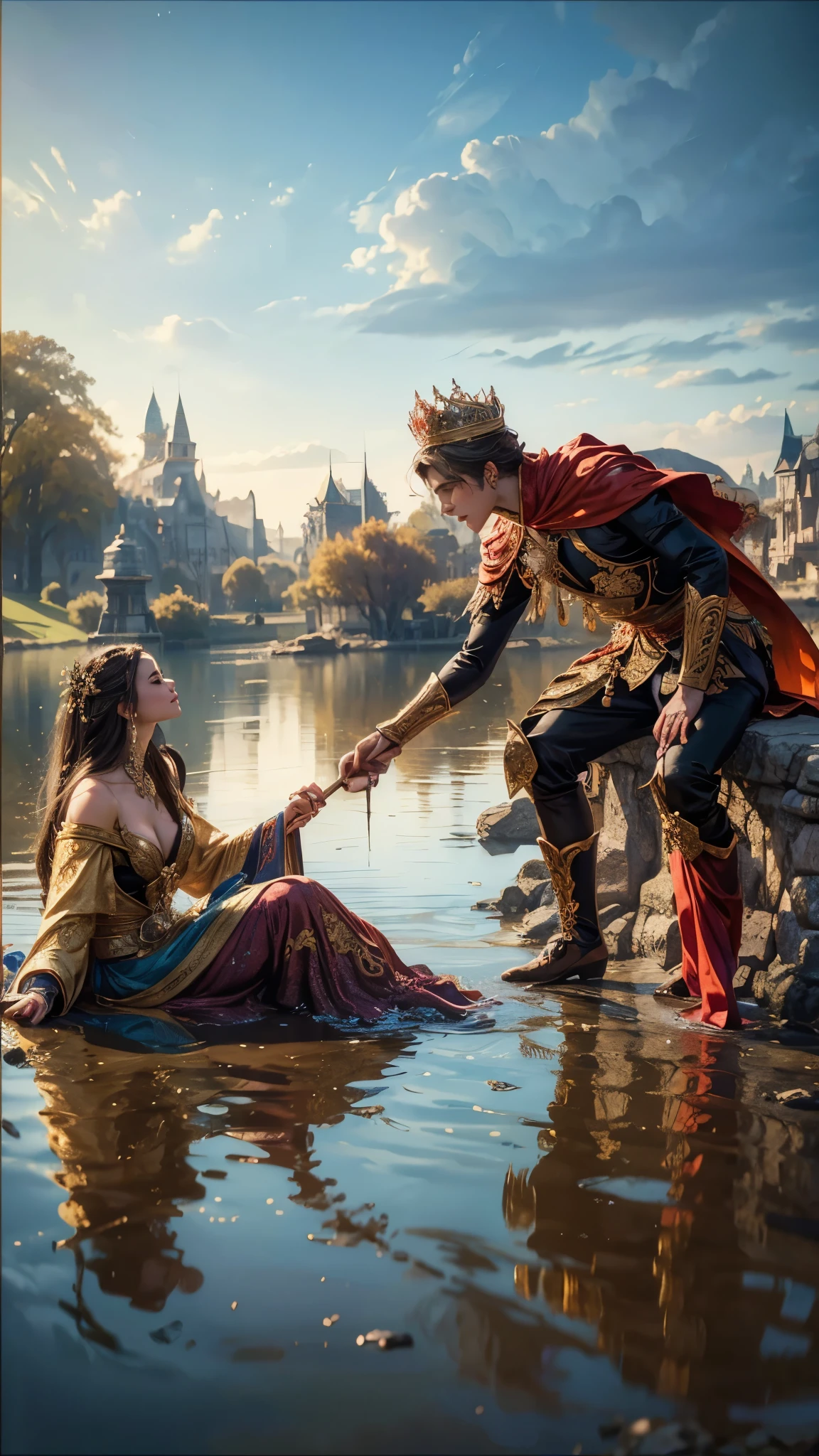 A beautiful princess and a handsome prince in opulent imperial attire, looking fondly at each other, 1girl, 1boy, ornate crown, regal jewelry, sweeping cape, shimmering silk, romantic expression, warm lighting, dreamy atmosphere, (best quality,4k,8k,highres,masterpiece:1.2),ultra-detailed,(realistic,photorealistic,photo-realistic:1.37),HDR,studio lighting,professionally painted,vivid colors,elegant,fairytale,fantasyMasterpiece, Anatomically Correct, High Details, Super Detailed,