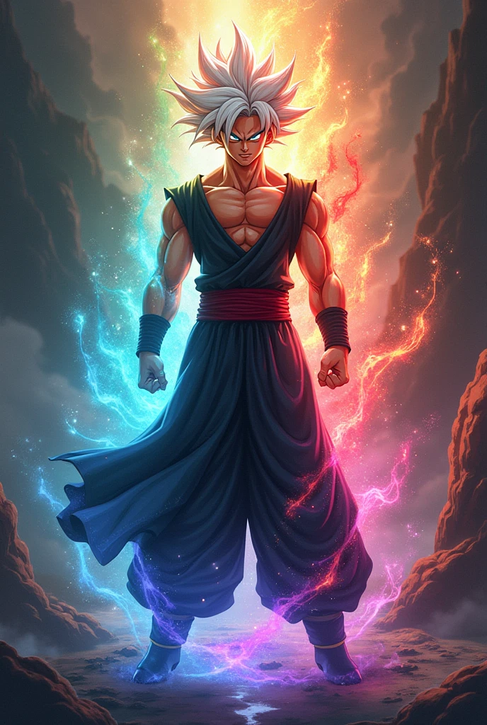Goku black with all colours auras , and with his simple smile , hair colour white and red with arjun