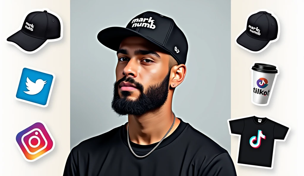 Create a social media profile photo for A young man with a beard and black basketball hat with the logo "Mark Numhb " with Facebook icon,Twitter icon ,Instagram icon ,twitter icon and tiktok icon where the person completes the design and puts them Vectors, Vector T-shirts, Vector Cups, Vector sticker,Vector Caps and Vector Hoodies Sell online