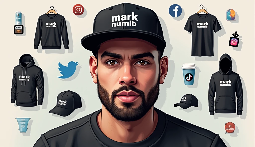 Create a social media profile photo for A young man with a beard and black basketball hat with the logo "Mark Numhb " with Facebook icon,Twitter icon ,Instagram icon ,twitter icon and tiktok icon where the person completes the design and puts them Vectors, Vector T-shirts, Vector Cups, Vector sticker,Vector Caps and Vector Hoodies Sell online