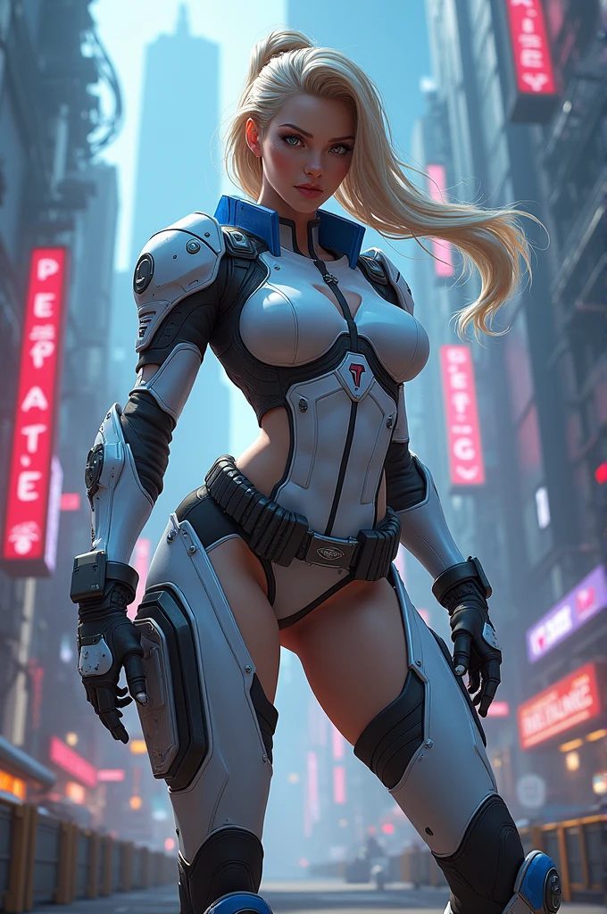 **Kenzie Reeves in ripped clothes, big chest, wide hips, highly detailed, futuristic, neon lights, 4K, portrait, HDR, Realistic** - (fast)