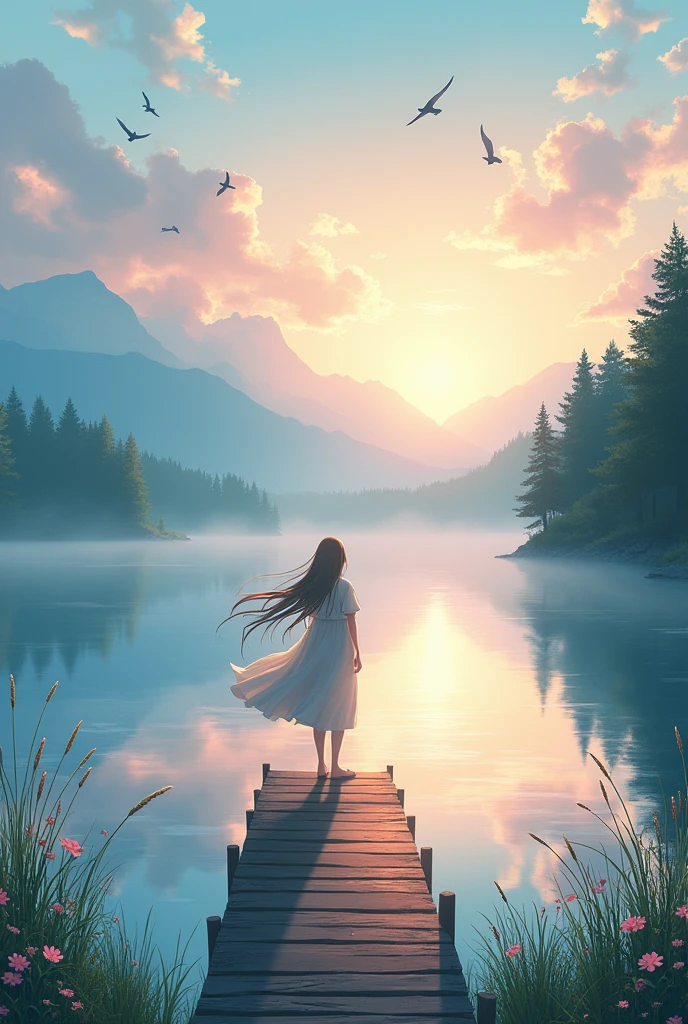Create a captivating and serene anime-style wallpaper featuring a breathtaking morning view of nature. The scene should depict a tranquil lakeside at dawn, with the first rays of sunlight gently illuminating the landscape. The lake's surface is like glass, perfectly reflecting the pastel-colored sky with hints of pink, orange, and purple. Surrounding the lake, there are lush, verdant trees with a soft mist rolling off the water, adding an ethereal quality to the atmosphere. In the foreground, delicate wildflowers and tall grasses sway gently in the early morning breeze. A small wooden dock extends into the lake, where a lone figure with flowing hair stands, gazing out at the rising sun. The character’s clothing should flow naturally with the wind, and their expression should evoke a sense of peace and contemplation. The background should include distant mountains shrouded in fog, with birds gracefully soaring across the sky. The overall color palette should be soft and harmonious, with a focus on creating a calming and uplifting mood. Make sure the scene feels immersive, drawing the viewer into the tranquil beauty of the morning, perfect for a viral anime reel.