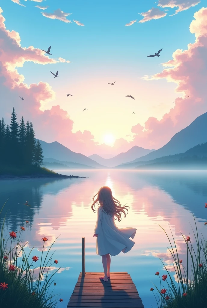 Create a captivating and serene anime-style wallpaper featuring a breathtaking morning view of nature. The scene should depict a tranquil lakeside at dawn, with the first rays of sunlight gently illuminating the landscape. The lake's surface is like glass, perfectly reflecting the pastel-colored sky with hints of pink, orange, and purple. Surrounding the lake, there are lush, verdant trees with a soft mist rolling off the water, adding an ethereal quality to the atmosphere. In the foreground, delicate wildflowers and tall grasses sway gently in the early morning breeze. A small wooden dock extends into the lake, where a lone figure with flowing hair stands, gazing out at the rising sun. The character’s clothing should flow naturally with the wind, and their expression should evoke a sense of peace and contemplation. The background should include distant mountains shrouded in fog, with birds gracefully soaring across the sky. The overall color palette should be soft and harmonious, with a focus on creating a calming and uplifting mood. Make sure the scene feels immersive, drawing the viewer into the tranquil beauty of the morning, perfect for a viral anime reel.






