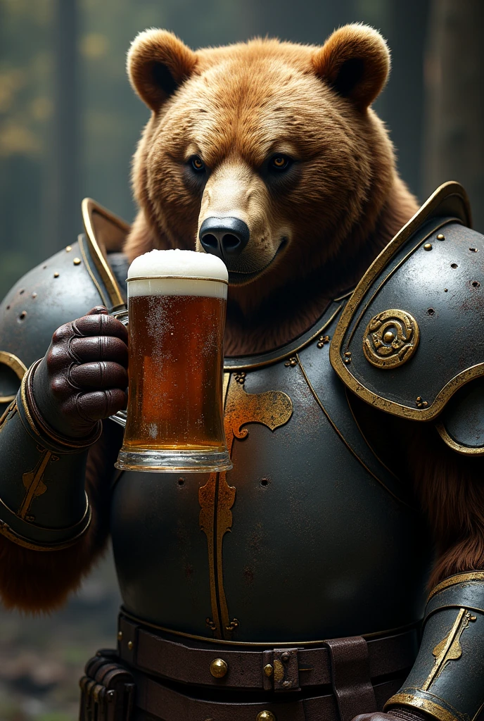 Grizzly bear in full armor, holding a beer, anthropomorphic, super detail, ultra hd, 8k, real life, maximum facial detail, cinematic lighting