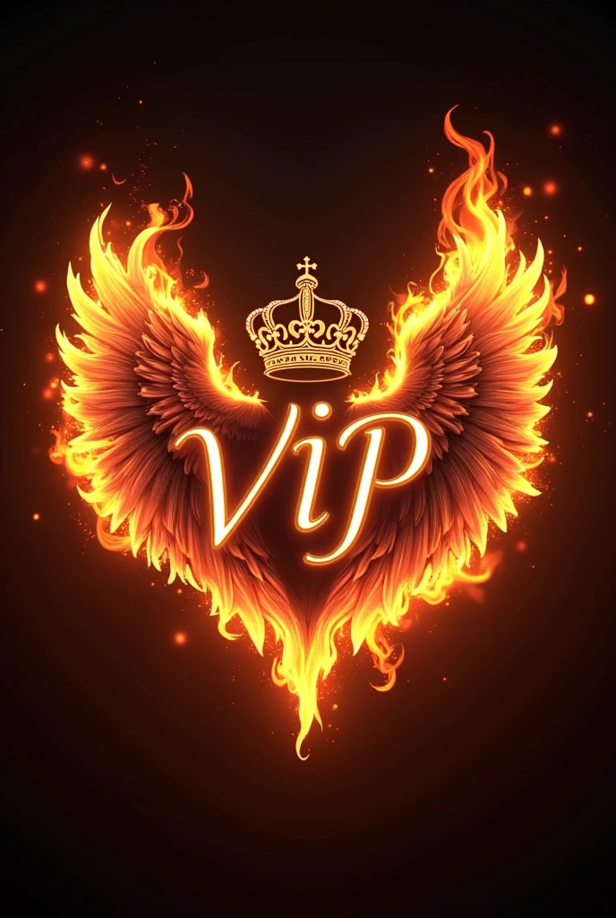 A logo with the name *vip*, looking like Victoria secrets with angel wings and a crown, with a fancy brand letter , catching fire behind