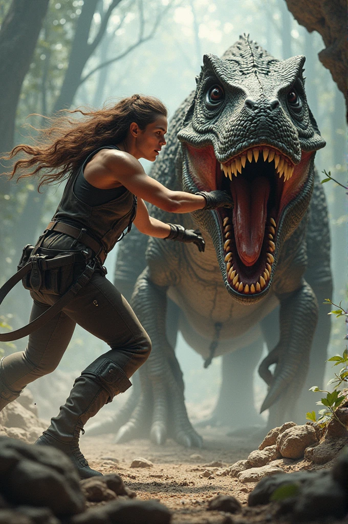 A woman fighting a dinosaur