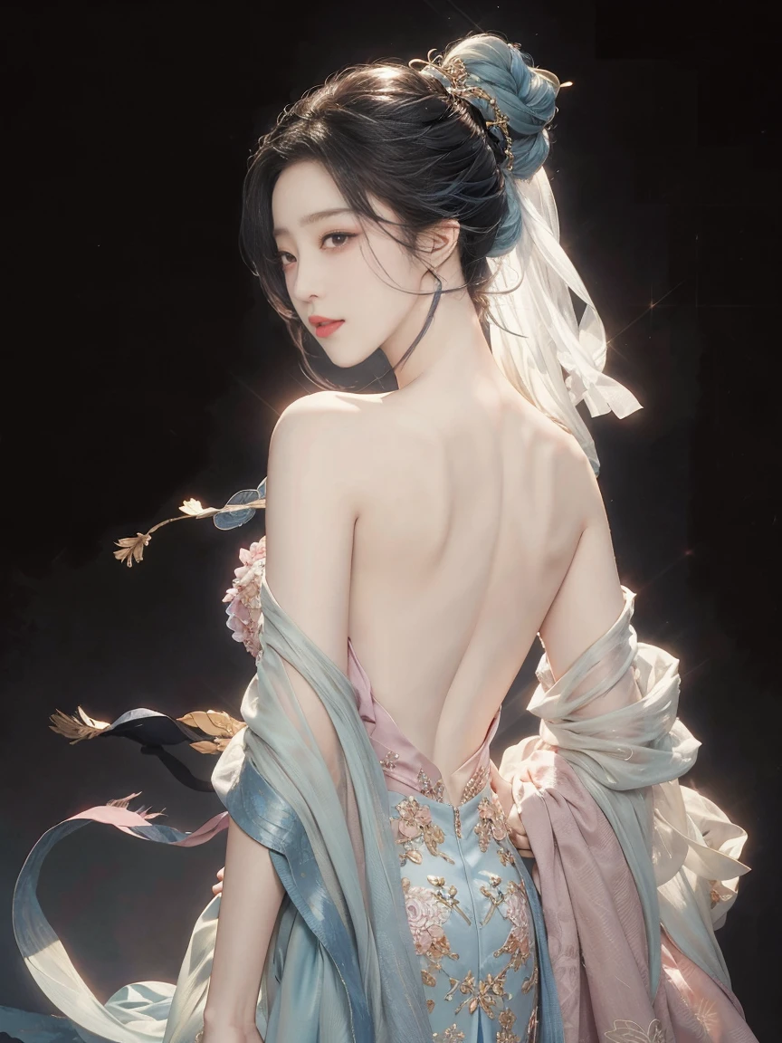 highly detailed, 8K, masterpiece, 1 girl, blue pink_hair, nude, Smile, (perfect_Face), boundary, close up, crazy, exist_Back, Gorgeous, complicated, Dramatic Lighting, 4K, detailed_Background, Caustics, full_Body,