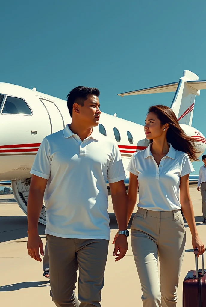 A handsome young man with a Javanese Indonesian face, a little fat in a white polo t-shirt and a beautiful Indonesian woman in a white polo t-shirt, walked towards a white private jet with red stripes parked on the runway. followed by two assistants carrying suitcases, against a blue sky in the style of an oil painting