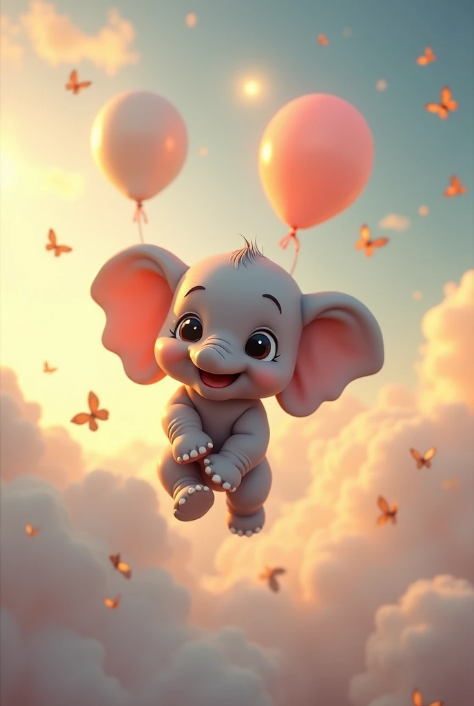 A photorealistic 4K image of a small, cute baby elephant joyfully floating in a dreamy sky, holding onto two large, pastel balloons with its trunk. The baby elephant has big, innocent eyes and soft, wrinkled gray skin that glows in the warm light of a setting sun. Its ears are flapping slightly as it floats gently among fluffy, golden clouds. Around the elephant, butterflies dance playfully, adding to the lighthearted and magical atmosphere. The background showcases a serene sky with hues of soft pinks, oranges, and blues, and distant celestial bodies faintly visible among the clouds, evoking a sense of wonder and tranquility. Art inspirations: Whimsical fantasy realism, gentle sky scenes. Lighting: Soft, golden hour lighting with warm highlights. Camera: Close-up with a slight tilt to capture the floating motion and whimsical sky. Render: Blender Cycles, 8K resolution.