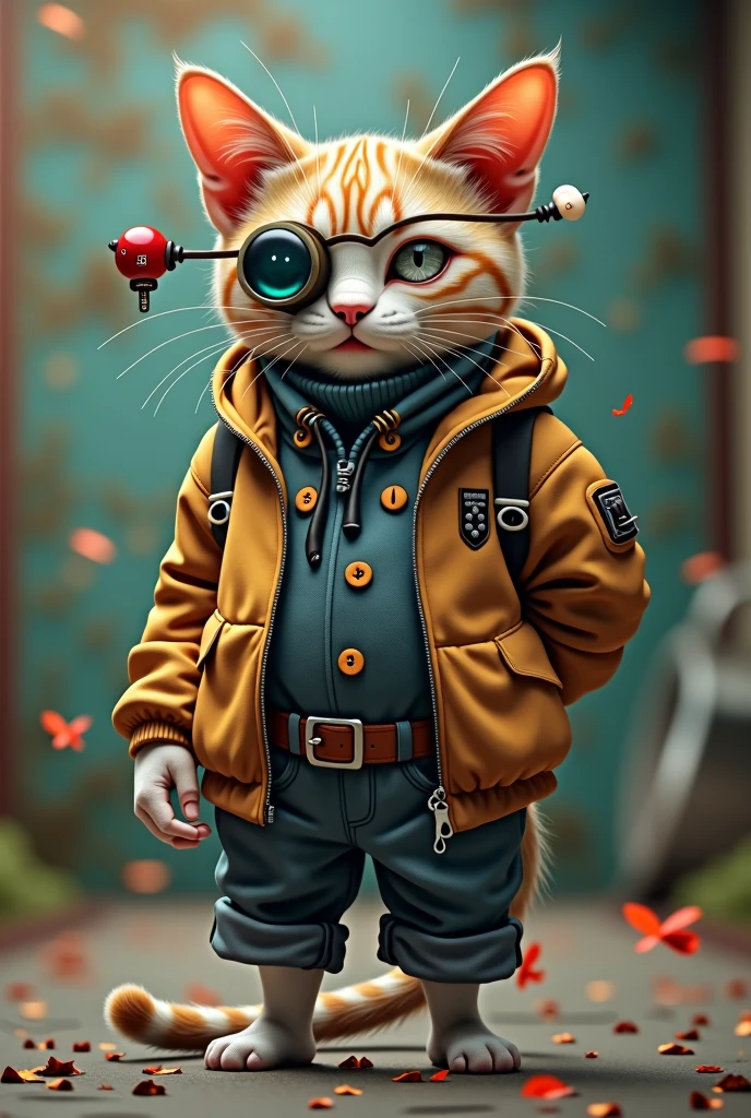Ugly faced cat、One ear broken、Stand on two legs、Wear casual clothes、Dragon Ball scouter attached to eye