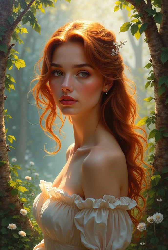 Full medium shot. An ultra hot gorgeous European woman. Age 23. Auburn hair. (Italian:0.6 Swedish:0.8) high quality, highly detailed, illustration, impasto, canvas, oil painting, fantasy, early morning light.
