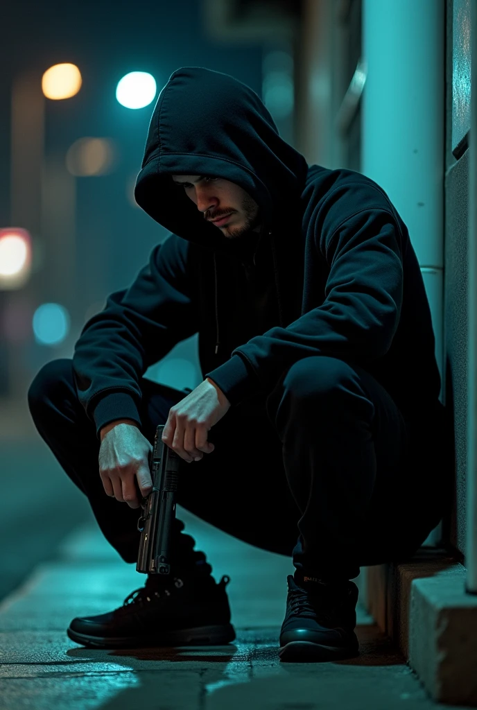 20 years old, HAVE A BLACK SWEET ON HIM, HAVE A BLACK TRACKSUIT, HAVE A HOOD ON HIS HEAD, HAVE SITTING ON THE SIDEWALK, HAVE A REAL GUN IN HIS HAND, HAVE THE GUN RIGHT, AND LET IT BE NIGHT