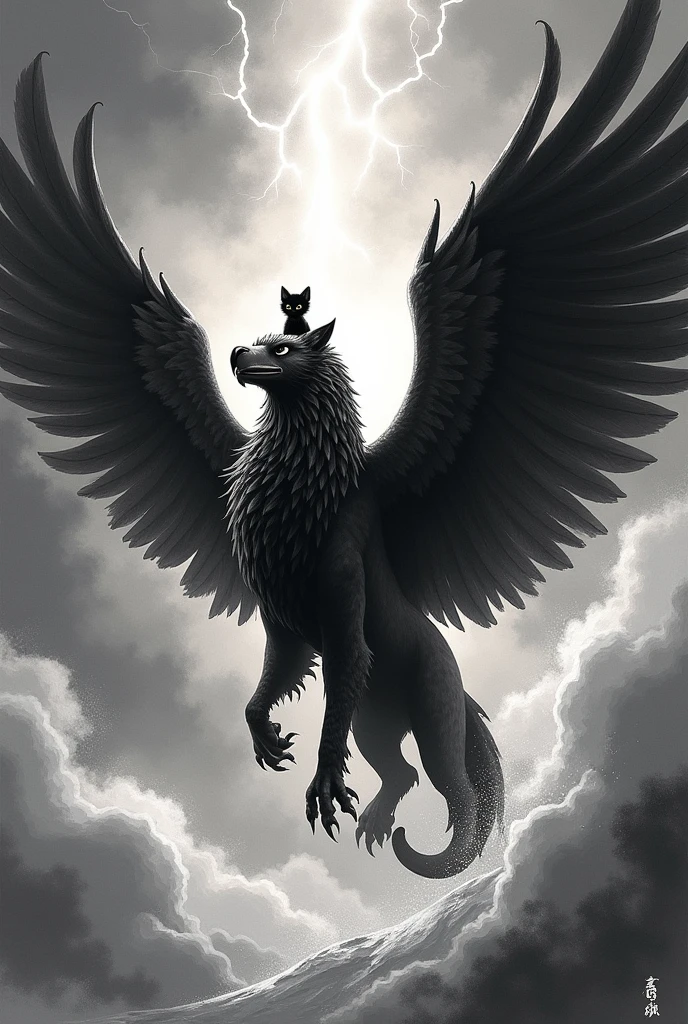Masterpiece、Highest quality、The mighty Griffon、Stormy Night、Divine Beast、Bursting Thunder、Overwhelming King of the Skies、Cute kitten riding a griffin、A black kitten riding beautifully、male々New Griffon、Black and white ink style、Powerful ink painting、Bold brushwork、Snow boats
