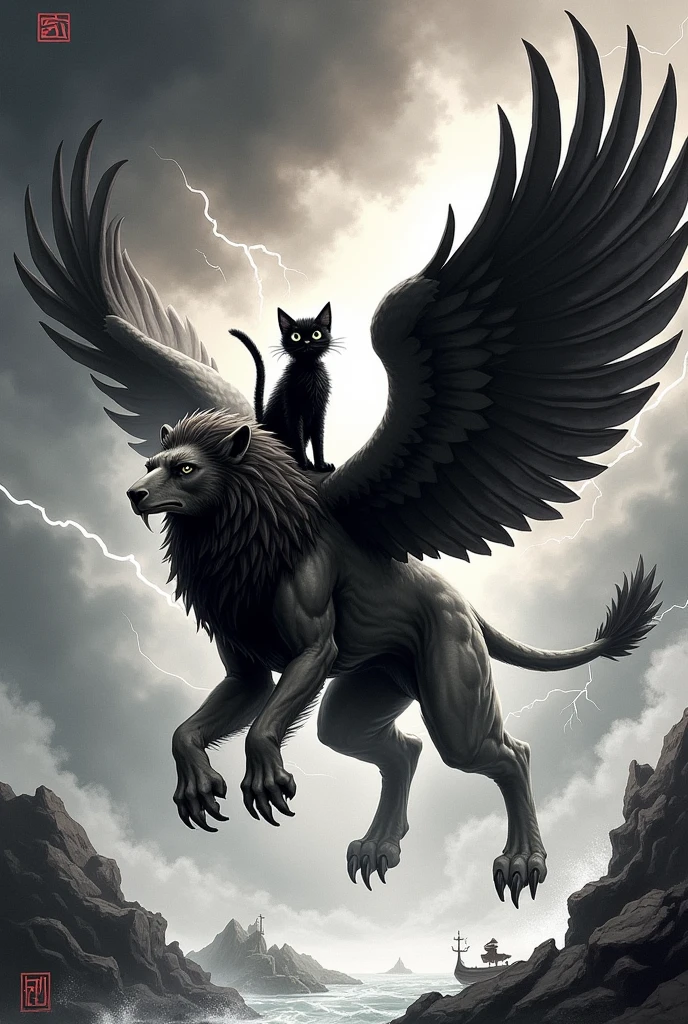 Masterpiece、Highest quality、The mighty Griffon、Stormy Night、Divine Beast、Bursting Thunder、Overwhelming King of the Skies、Cute kitten riding a griffin、A black kitten riding beautifully、male々New Griffon、Black and white ink style、Powerful ink painting、Bold brushwork、Snow boats
