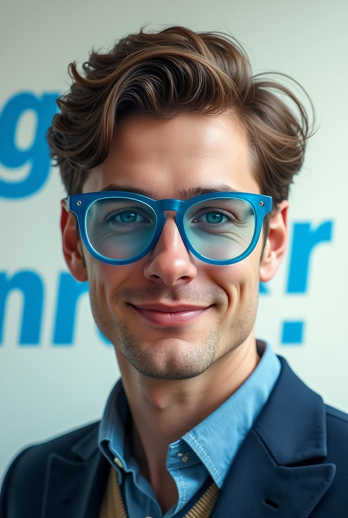 A man with transparent glasses with Chek short brown hair background write TGR•NRZ with blue eyes 