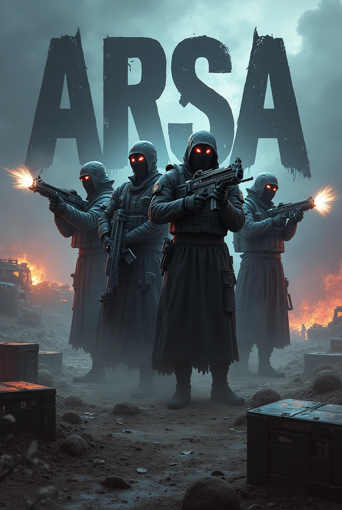 Generate a logo having 4 soldiers dressed as demons and holding advance glowing guns. In the background written "ARSA" in denon font and dark colours. Overall view of image is in battlefield. There are cars, ammunition, medkit and death crate around. All 4 soldiers look different and hold advance guns. There are 4 soldiers.